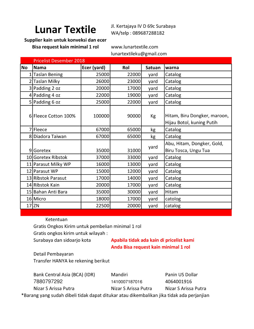 daftar harga kain lunartextile surabaya