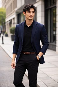 gaya formal pria, Blazer navy + polo shirt + celana chino hitam.
